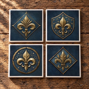Könnte beinhalten: Ein Set aus vier quadratischen Untersetzern mit tiefblauem Hintergrund und weißem Rand. Jeder Untersetzer zeigt ein erhabenes, metallisch goldenes Fleur-de-Lis-Emblem, das in verschiedenen geometrischen Rahmen wie Raute, Schild und Kreis zentriert ist.