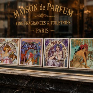 以下が含まれることがあります： MAISON de PARFUM FINE FRAGRANCES & TOILETRIES PARISと金色の文字が書かれた窓の前に並べられた、女性のアール・ヌーヴォー様式のイラストが描かれた4枚の正方形のセラミックタイル。タイルにはヴィンテージ広告のモチーフが描かれています。