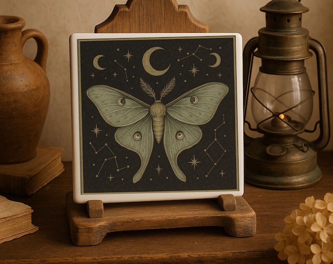 Moon Moth & Key Coaster Set – Vintage Dark Academia Tile Decor