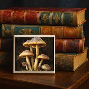 Dunkle botanische Pilz-Keramikuntersetzer - stimmungsvolle Waldpilz-Fliesenkunst - Gothic Cottagecore-Dekor