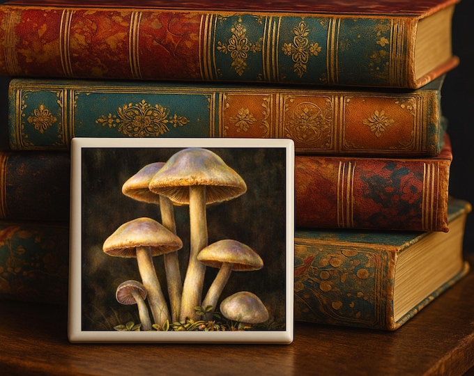 Dark Botanical Mushroom Ceramic Coasters – Moody Forest Fungi Tile Art – Gothic Cottagecore Decor
