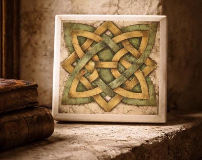 Celtic Knot Ceramic Tile Coaster, Medieval Green Gold Decor