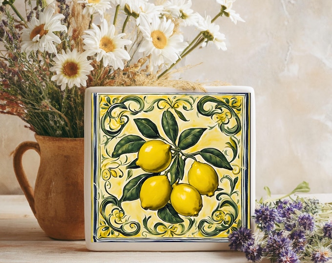 Italian Lemon Ceramic Tile Coaster: Handmade Tuscan Decor