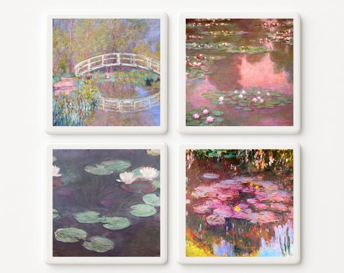 Monet Water Lilies Ceramic Tile Coaster Set – Impressionist Art for Home Décor
