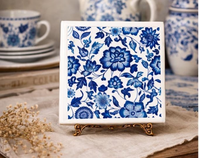 Blue Floral Ceramic Tile – Vintage Delft Style Decor
