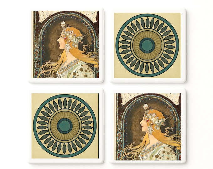 Mucha Art Nouveau Tile Coasters – Set of 4, Zodiac Medallion Design