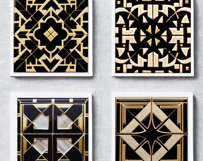 Art Deco Black & Gold Ceramic Tile | Vintage Geometric Decor | Gothic Glam Accent Tile