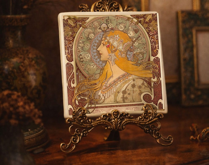 Alphonse Mucha Zodiac Tile Coasters – Single tile, Art Nouveau Moon Design