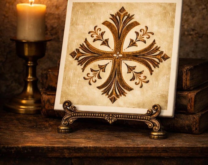 Medieval Cross Ceramic Tile Coaster, Gothic Old World Decor