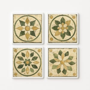 Set of 4 Medieval Ceramic Tile Coasters, Antique European tile, Tuscan Spanish Style