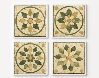 Set of 4 Medieval Ceramic Tile Coasters, Antique European tile, Tuscan Spanish Style