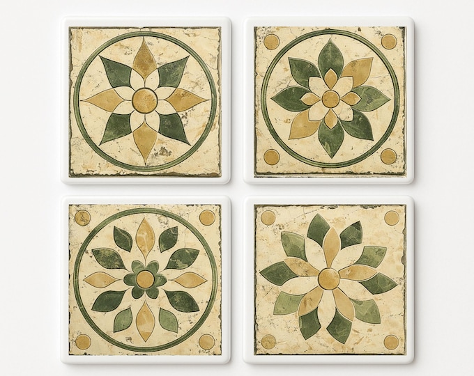Set of 4 Medieval Ceramic Tile Coasters, Antique European tile, Tuscan Spanish Style