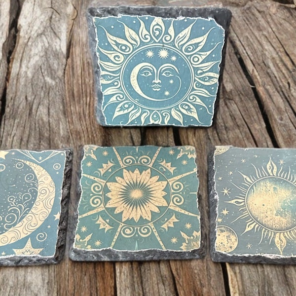 Celestial Sun, Moon, Stars Slate Coaster Set (4 piece set)