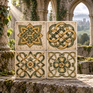 May include: Four square ceramic tiles arranged in a grid, each featuring a cream-colored background with a distressed crackle finish. The tiles display intricate, symmetrical patterns in shades of muted green and gold, including knotwork and floral motifs.