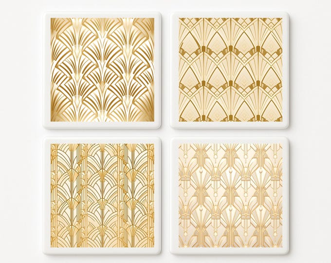 Vintage Art Deco Ceramic Tile Coaster Set: Handmade Ceramic Drink Coasters