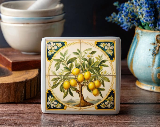 Lemon Ceramic Tile Coaster: Italian Design, Handmade Drink Coaster