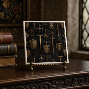 Medieval Sword Shield Tile, Gothic Manor Decor, Dark Academia Ceramic Coaster