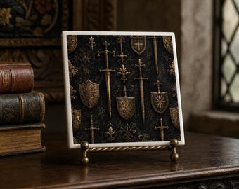 Azulejo con escudo de espada medieval, decoración de mansión gótica, posavasos de cerámica estilo Dark Academia.