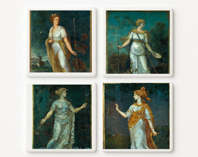 Ancient Roman Goddess Tile Coasters – Set of 4, Classical Fresco Style