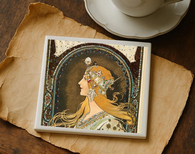 Mucha Art Nouveau Tile Coasters – Set of 4, Zodiac Medallion Design