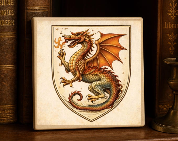 Medieval Dragon & Phoenix Ceramic Tile – Heraldic Fantasy Decor – 4x4 Gothic Art Tile