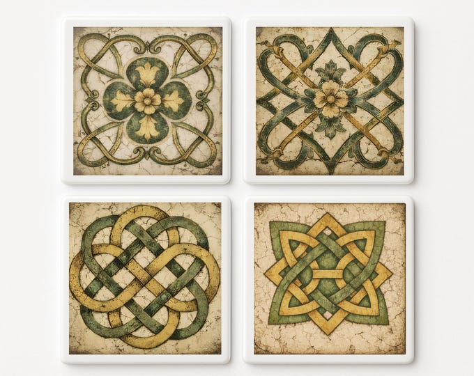 Set of 4 Celtic Knot Ceramic Tiles, Medieval Coasters or Wall Decor