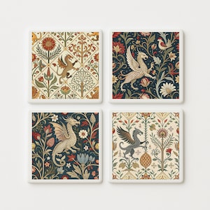 Medieval Bestiary Tile Set of 4 | Mythical Animal Art