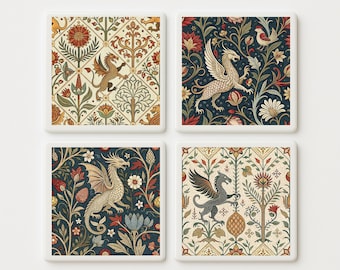 Medieval Bestiary Tile Set of 4 | Mythical Animal Art