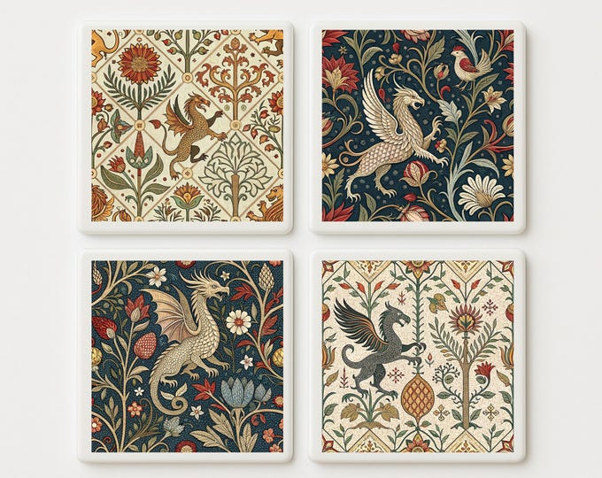 Medieval Bestiary Tile Set of 4 | Mythical Animal Art