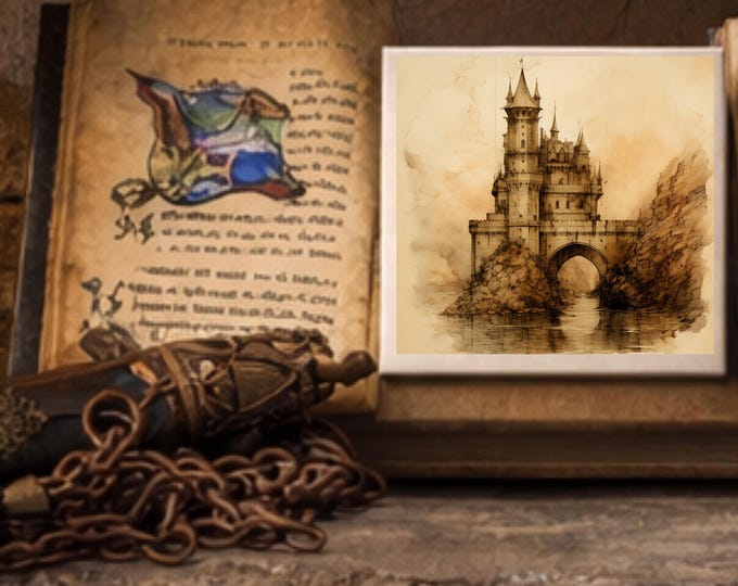 Medieval Castle Ceramic Tile | Hand Sketched Fortress Art