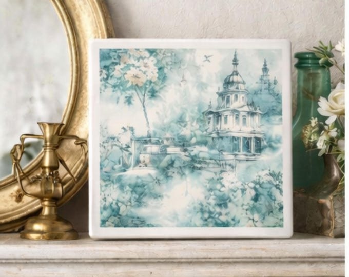 Toile de Jouy Ceramic Tile | Romantic Garden Architecture | Antique Scenic Art Tile