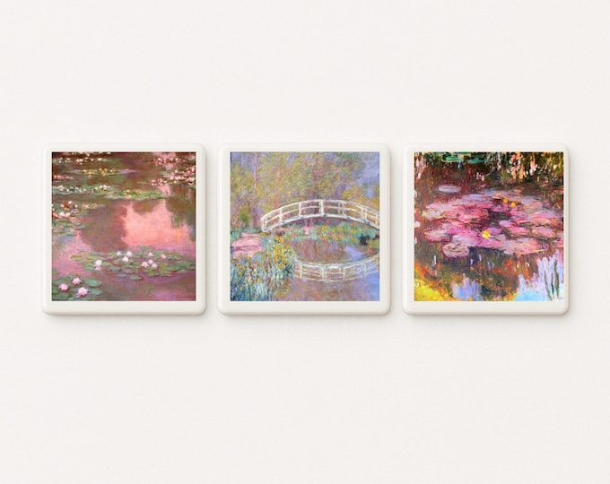 Monet Water Lilies Ceramic Tile Coaster Set – Impressionist Art for Home Décor