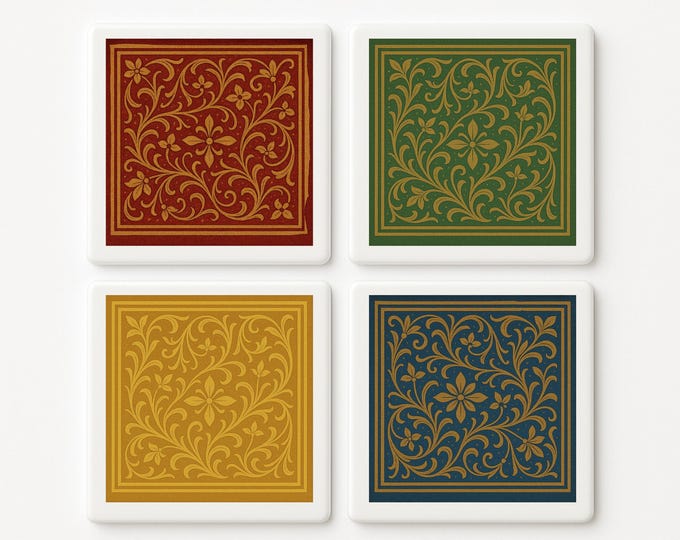 Medieval Filigree Tile Coasters – Set of 4 in Jewel Tones