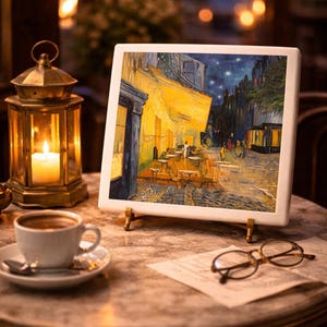 May include: A rectangular white ceramic tile featuring a vibrant reproduction of Van Gogh's Cafe Terrace at Night painting, displayed on a small gold-toned metal easel stand, showcasing a yellow cafe exterior under a dark blue starry sky.