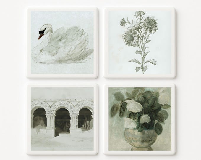 Vintage-Inspired Romantic Ceramic Tile Coasters: Handmade Square Drink Coasters