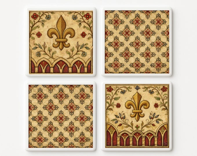 Medieval Fleur de Lis Tile Set | Gothic Ceramic Coasters | Old World Decor