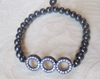 Hematite Beaded Bracelet with CZ Triple Circle Connector