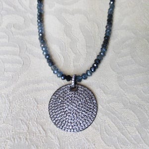 Crystal Beaded Necklace with Pave CZ Disc Pendant