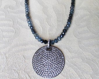 Crystal Beaded Necklace with Pave CZ Disc Pendant