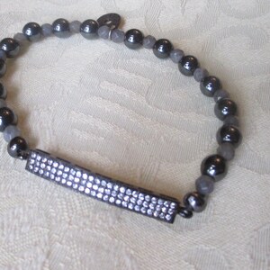 Hematite and Labradorite Beaded Bracelet with a CZ Bar Connector
