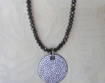 Crystal Beaded Necklace with Pave CZ Disc Pendant