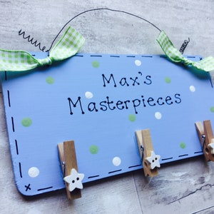 Personalised Childs Masterpiece Drawing Picture Painting Organiser Wooden Sign Plaque with Pegs Grandparents Mothers Fathers Day Gift image 3