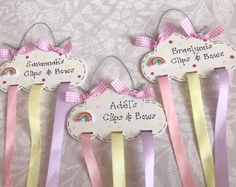 Personalised Rainbow Cloud Magical Glitter Sparkly Name Sign Plaque ~ Hair Bow & Clip Holder ~ Organiser ~ Girls Bedroom Birthday Present