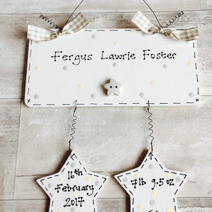 Personalised New Baby Plaque Sign with Name Date of Birth Weight ~ Girl Boy ~ Present Gift Keepsake ~ Hearts Stars ~ Choose Colours