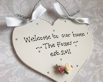 Personalised WELCOME To Our Home Heart Sign ~ Ideal Handcrafted Gift Present for Wedding, New Home, Housewarming, 1st Home Together