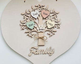 Personalised Wooden Family Tree Heart Plaque | Family names | No frame