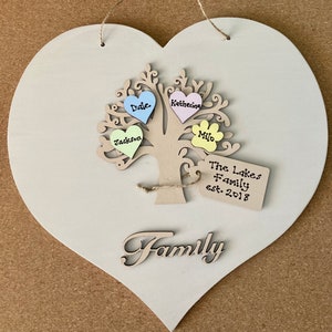 Personalised Wooden Heart Family Tree Plaque Hanging Sign No Frame ~ Present Gift ~ Grandparents ~ Christmas Birthday Anniversary New Home