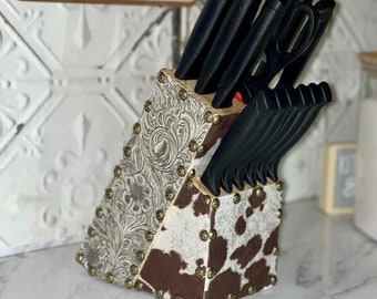 Faux cowhide and leather knife block