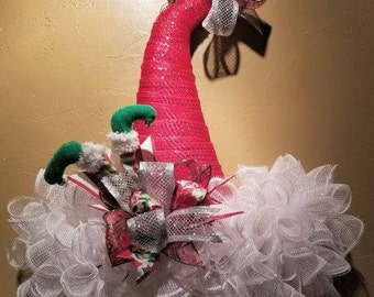 Christmas Deco Mesh Elf Santa Hat Door Hanger