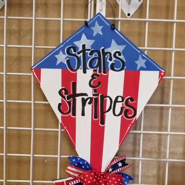 Patriotic Red white and blue wood kite door hanger, 4th of July kite, Americana decor, Summer door hanger